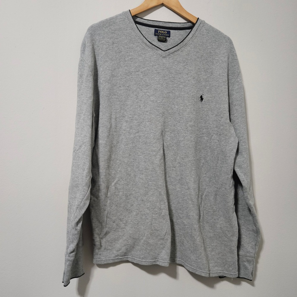 Polo Ralph Lauren Mens 2XL Grey Waffle Knit Thermal V-Neck Long Sleeve Shirt